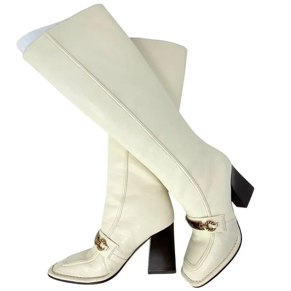 Tory Burch Logo Boots Tall Ivory Genuine Leather Knee High Size 6 Box Bag Incl